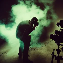 Monster photographer destroing camera in his studio. Smoke. green spot light. Particles in the air., post-apocalyptic, hyperdetailed, long shot, bokeh, studio lighting, low-key lighting, kodachrome