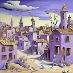 A light purple Day of the Dead themed town painted by Salvador Dali