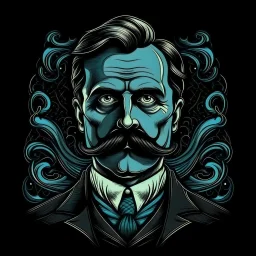 Best quality, masterpiece, ultra high definition,Futuristic, cyberpunk, Friedrich Nietzsche, Friedrich Nietzsche mustache, Comic style