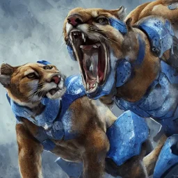 A painting of an angry cougar in full blue and white armor, Inka jungle background, American football on ground, highly detailed, digital painting, Artstation, concept art, matte, sharp focus, illustration, dramatic, Blizzard concept art