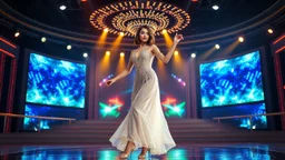 full body shot of a very beautiful Azeri lady with makeup and bob hair, wearing a pretty jewelled long skirt and heels, dancing gracefully on a modern stage with luxury structure and dynamic color lights.