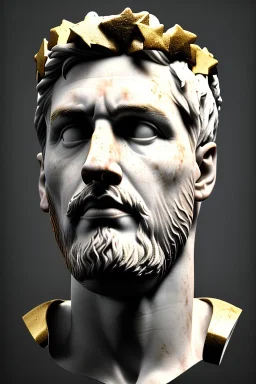 Ultra Realistic image, Roman sculpture bust, clean white marble material, Lionel Messi, gold stars crown, renaissance ornaments, one gold star, blue sky background, cinematic lighting, god light, 4k resolution, smooth details, ornate details, soft lighting, unreal engine 5, art station, substance 3d, art concept.