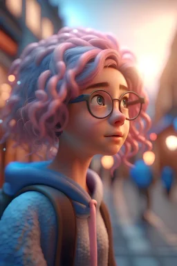 cute People looking for maps all over street from another universe, wearing glasses, magical and dreamy, cute, octane render, 8k, ornamental cenary, fantasy colors, ultra realistic, fluffy, soft texture, high quality, futuristic cute, cute little fluffy hair