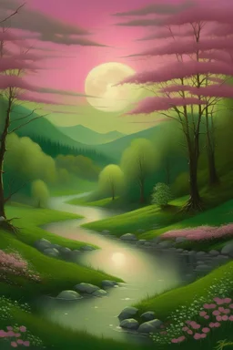 The silvery river flows quietly In the realm of the evening green spring. The sun is setting behind the wooded mountains, A golden horn floats out of the moon. The West is covered with a pink ribbon, The ploughman returned to the hut from the fields, And beyond the road in the birch thicket A nightingale sang a love song. He listens affectionately to deep songs Dawn is coming from the west with a pink ribbon. He looks tenderly at the distant stars And the earth smiles at the sky.