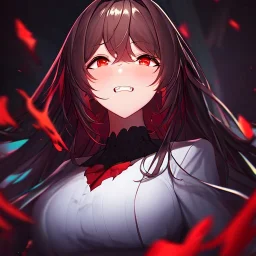 Clear Focus, High resolution, girl evil laughing, glowing red eyes, extreme close up