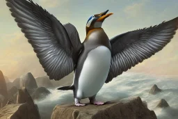 penguin flying in the sky with his two wings