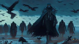 (Bio-engineered undead cyborg army) (menacing machines marching), ravens, glowing eyes, gas masks, dark winter landscape, techno gothic aesthetic, epic, science fiction painting, (Denis Sarazhin, Alex Colville, Simon Stålenhag, Neil Blomkamp, Christopher Shy, Alejandro Burdisio, Tye Myartinez, ominous sky), RAW, gritty, high contrast, atmospheric horror art, vivid, neon overlay, harsh textures, dramatic, surreal horror, ultraviolet light, into the black