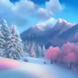 landscape mountain small cabin snow, oil painting, pink, blue, white colors, bob ross style, detailed
