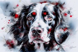 A portrait of a springer spaniel by Agnes Cecile by Willem Haenraets, loose watercolour, wet on wet and splattering and dripping techniques, centred, perfect composition, abstraction,