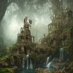 old one statue rock godess athena, abandoned between moutain, swamp, water, glass, fog, highly realistic, highly detailed, intricate, 8k