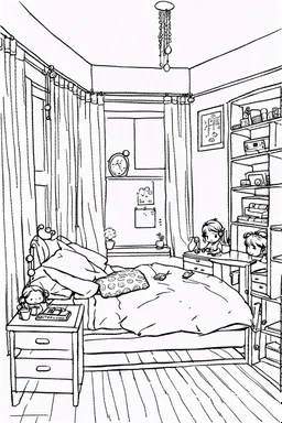 girl bedroom, line arts, manga style