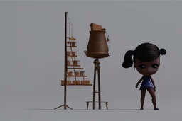 Girl toon 3d character silhouette with creative trophy with his hand like winner stand on stage
