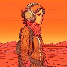 Moebius style scifi pilot girl with headphones, pilot helmet and exosuit solid earthy colors with a desert and dusty station in the background