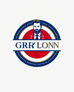 A circular logo with a vector of a groom in a suit at the top of the logo in a blue, red, white and gold color theme.