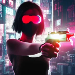 girl pointing gun, metal skin, neon eyes, red lips, on her keen, menacing, cyberpunk city in background, hyper realistic