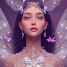 one big crystal subtle in a galactic ambiance with a beautiful girl with butterfly wings, transparent flowers, delicate colors, smile,soft light atmosphere, smooth, extremely sharp detail, finely tuned detail, ultra high definition, 8 k, unreal engine 5, ultra sharp focus