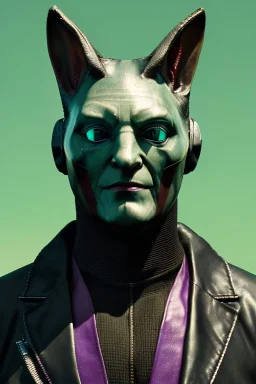 Medium Close Up Portrait, Front image. cyberpunk, rabbit mask helmet, strong man, silver hair. latex suit. Purple, green, color. Joker style. Color background, photo studio. Avatar image, highly detailed, concept art, smooth, unreal engine 5, ray tracing, RTX, lumen lighting, ultra detail, volumetric lighting, 3d, finely drawn, high definition, high resolution.