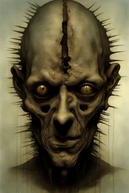 The face of a prisoner man with iron lucked on his mouth . Scary face , decayed and rotting with grotesque proportions and imagery. abstract grotesqueries, detailed texture, surreal horror, biomechanical design, by hr giger and beksinski