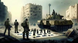 Israeli soldiers and tanks stand on a very large chessboard in the middle of a destroyed city