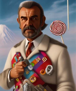 Sean Connery in a kilt eating a lollipop in front of Mt. Fuji