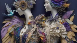 Surreal fantasy Couple Wearing Insanely Detailed Quilling consisting of Mixed Media Including Feathers, Foliage, Flowers, Leather, Buttons, Jewels, Twigs, Plastics, Glitter, Shells, Fabrics, Twine, And Thread; Award-Winning Neo-Surrealistic Masterpiece