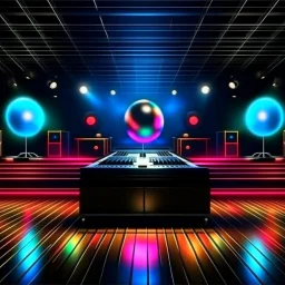 Dance hall ,dj play ,laser lights, disco ball, beard DJ play music with DJ desk, photorealism