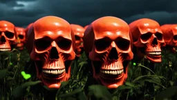 a field of 1000s of cartoonish, anatomically correct, skulls, vivid RANDOM BRIGHT neon colors, dark comedy, well lit, high detail, photorealistic, horrorcore, fun, scary, none featured, each a different color or hue,