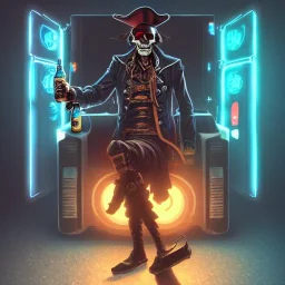 a cyberpunk hacker pirate captain skeleton holding beer bottle with a pirate hat sitting in front of a huge old crt monitor in a dark room , only light coming from crt monitor, highly detailed, intricate, digital art, trending on artstation, trending on cgsociety, by greg rutkowski