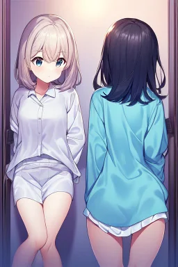 anime waifu wearing a pyjama shirt and a short skirt with her back turned