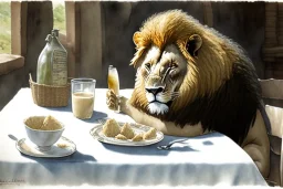 Lion sitting at a table eating garlic and drinking milk. Highly detailed, smooth colours, realistic landscape. Aquarell