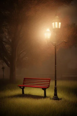 Park at night with lanterns, square bench, and dirt roads, trees, gothic horror films influence, creepy, photography