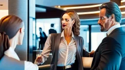 creepy man flirting with scared female hostess at entrance of exclusive airport lounge