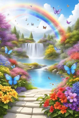 fantastic,Beautiful garden, flowers,rainbows, cascades arc en ciel, papillons colorés