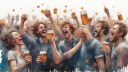 Band_playing_music+Flowers+crowds_of_laughing_happy_people_dancing&holding_beer_mugs double exposure liquid gouache illustration with ink splash art, CG Society and Carne Griffiths and James Christensen and Dan Mumford, Lou Xaz, active double exposure joyful