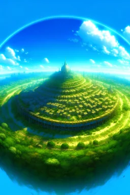 Wonderful and mythical circular city, landscape, greenery, blue sky, sun,