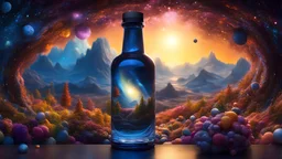 the entire observable universe in a single bottle, Dreamlike, Surreal landscapes, Mystical creatures, Twisted reality, Surreal still life, (Extremely Detailed Oil Painting:1.2), glow effects, god rays, Hand drawn, render, 8k, cartoon, octane render, cinema 4d, blender, dark, atmospheric 4k ultra detailed, cinematic sensual, Sharp focus, humorous illustration, big depth of field, Masterpiece, colors, 3d octane render, 4k, concept art, trending on artstation, hyper realistic, Vivid colors, extreme