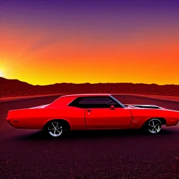 muscle car, desert road, sunset, full colour,