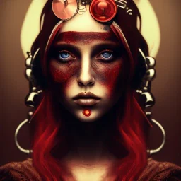  high lit eyes, steampunk, singer Danish MØ face, style Abstract portrait, darkred tones,