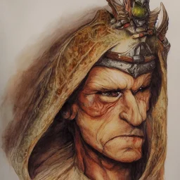 dungeons and dragons, fantasy, goblin, king, ochre skin, watercolour, distinct face, portrain, head