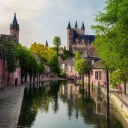 A magical gothic little town with a castle and canals Nick Harris style