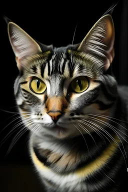Cat tabby color black white brown with yellow eyes