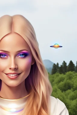 ufos rainbows,beautifuls paysages, fantastic colours,cosmic woman ,beautiful ufos rainbow, admiral from the future, galactic confédération, fine whole face, crystalline skin, expressive purple eyes,rainbow, smiling lips, very nice smile, costume pleiadian, Beautiful tall woman pleiadian Galactic commander, ship, perfect datailed golden galactic suit, high rank, long blond hair, hand whit five perfect detailed finger, amazing big puple eyes, mouth, high définition lips, cosmic happiness, bright c
