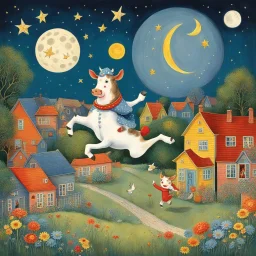 by Richard Scarry, whimsical and charming storybook illustration of the classic Cow leaping over the Moon fable. The background features a beautifully illustrated suburban landscape, with colorful houses. Nighttime. The textures of the storybook pages can be seen on the edges of the illustration. The overall atmosphere is nostalgic, inviting readers to revisit this timeless absurd tale.