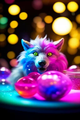 glitter haired wolf playing a hippie space ship made of ice cream, smiling with beautiful shiny, each inside a pile of transparent jelly bubbles of weird colors, disco egg made of small mirror, light rayz, feast table ,shot on Hasselblad h6d-400c, zeiss prime lens, bokeh like f/0.8, tilt-shift lens 8k, high detail, smooth render, down-light, unreal engine, prize winning