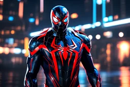 Spider-Man 2099 venom in 8k solo leveling shadow artstyle, cinematic them, mask, close picture, sea, neon lights, intricate details, highly detailed, high details, detailed portrait, masterpiece,ultra detailed, ultra quality