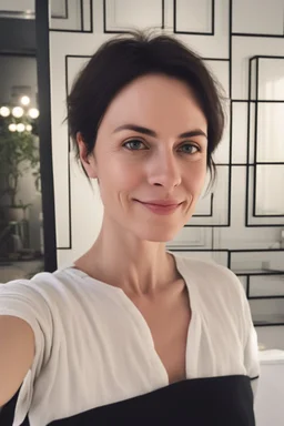 A selfie of a brunette woman, middle short hair taken after massage at spa salon. showing attractive 37-year-old European woman. She has white skin, tousled black hair, pretty face without makeup, big round brown eyes, cute profiled nose, detailed full lips, skin texture.