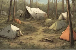 campsite, tents, overgrown, post-apocalyptic, comic book, forest, cinematic, panoramic