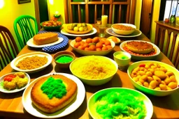 لقطة لوجبة منزلية شهية مع مجموعة متنوعة من الأطعمة المحلية، تجسد تجربة السفرة المنزلية وتواصل العائلة والأصدقاء حول الطعام.