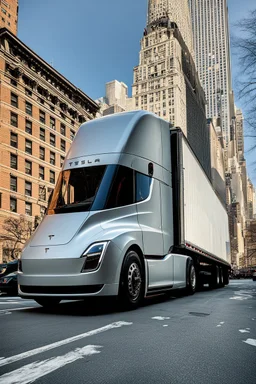 A Tesla semi-truck is parked, near the "Empire State Building' in New York. CINEMATIC. WIDE ANGLE LENS. PHOTO REAL.