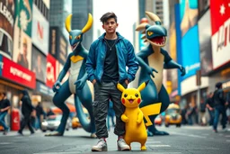 A cinematic street portrait of a confident young man standing in the middle of a busy city (like Times Square), surrounded by Pokémon characters. Behind him stands Mega Lucario and Mega Garchomp in protective stances, while Pikachu stands near his feet looking cheerful. The man wears a casual urban outfit — blue jacket, black shirt, cargo pants, and white sneakers. The scene has a vibrant yet realistic 3D aesthetic, with soft natural lighting, shallow depth of field, and dynamic city background